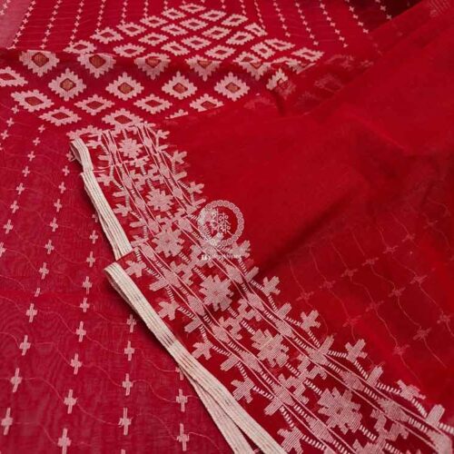 Red and white Cotton Jamdani Saree