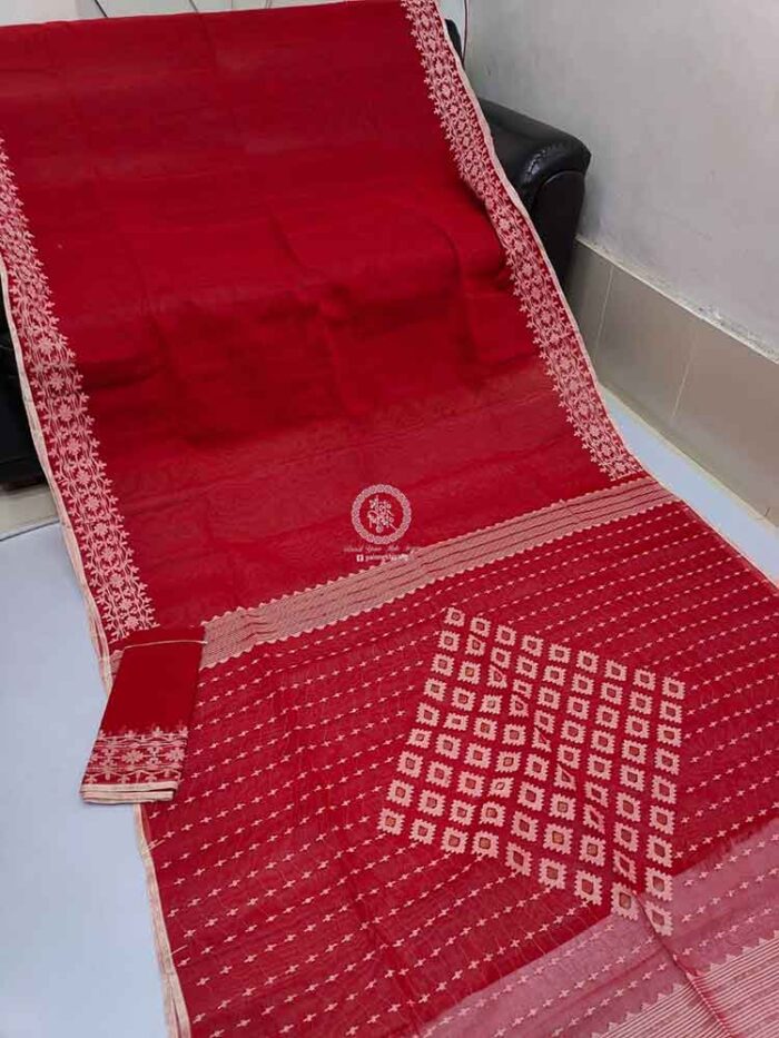 Red and white Cotton Jamdani Saree